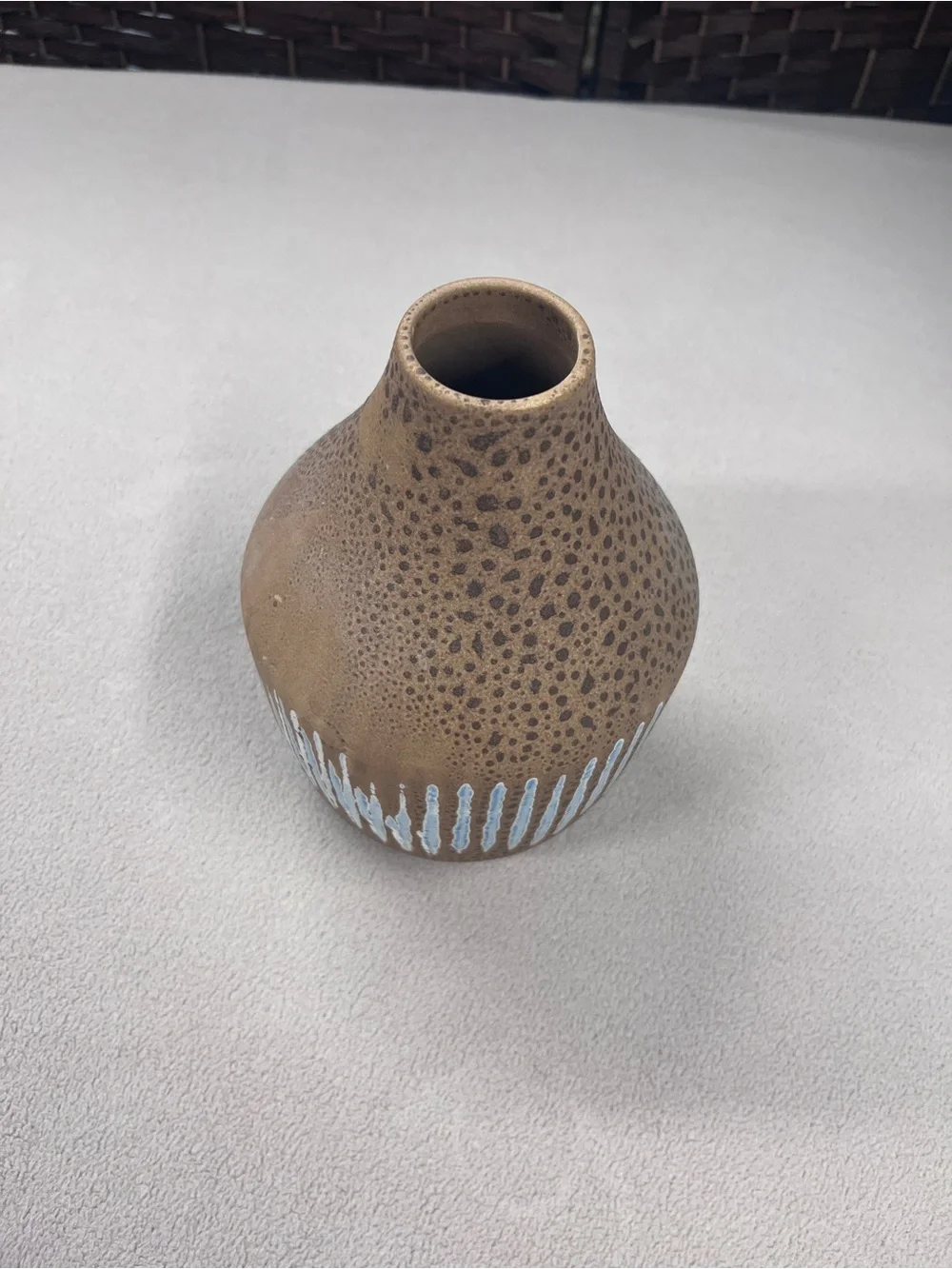 Crate&Barrel Brown Ceramic Vase with Blue Drip Detail